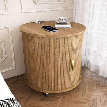 Mid Century Modern Cylinder End Table with Built-in Charging Station & Sliding Door, 2-Tier Storage Round Nightstand with USB Ports, Osk Bedside Table for Living Room, Bedroom, Entryway image 2