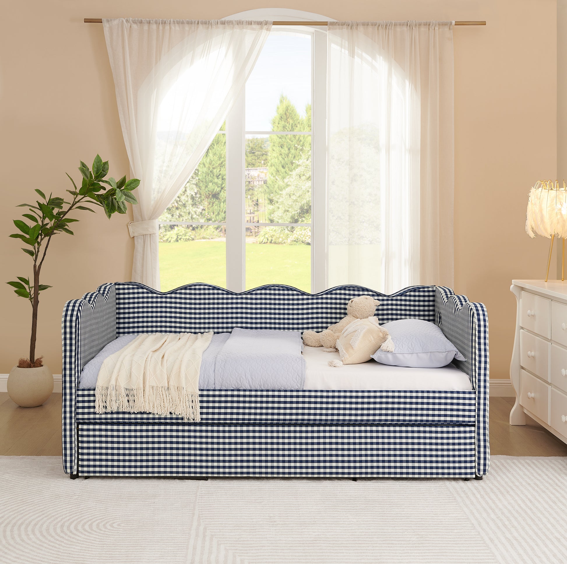 Cozy Gingham Daybed with Trundle Twin Size Sofa Bed No Box Spring Needed, with USB Port and Adorable Wave Shaped, Linen Fabric, Navy image 4