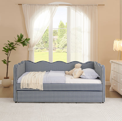 Cozy Gingham Daybed with Trundle Twin Size Sofa Bed No Box Spring Needed, with USB Port and Adorable Wave Shaped, Linen Fabric, Navy image 4