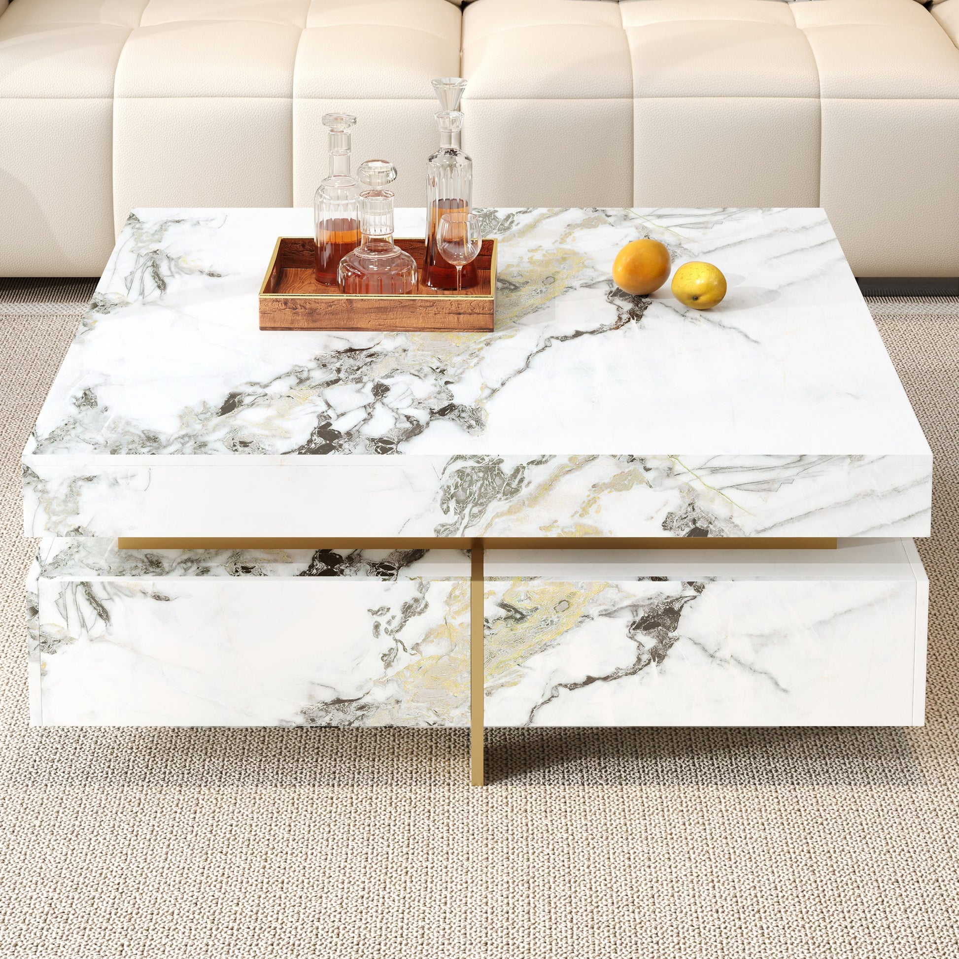 Modern Square Marble Textured Coffee table with 4 Drawers and Suspended Base, White, 43.3" image 3