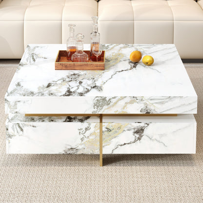 Modern Square Marble Textured Coffee table with 4 Drawers and Suspended Base, White, 43.3" image 3