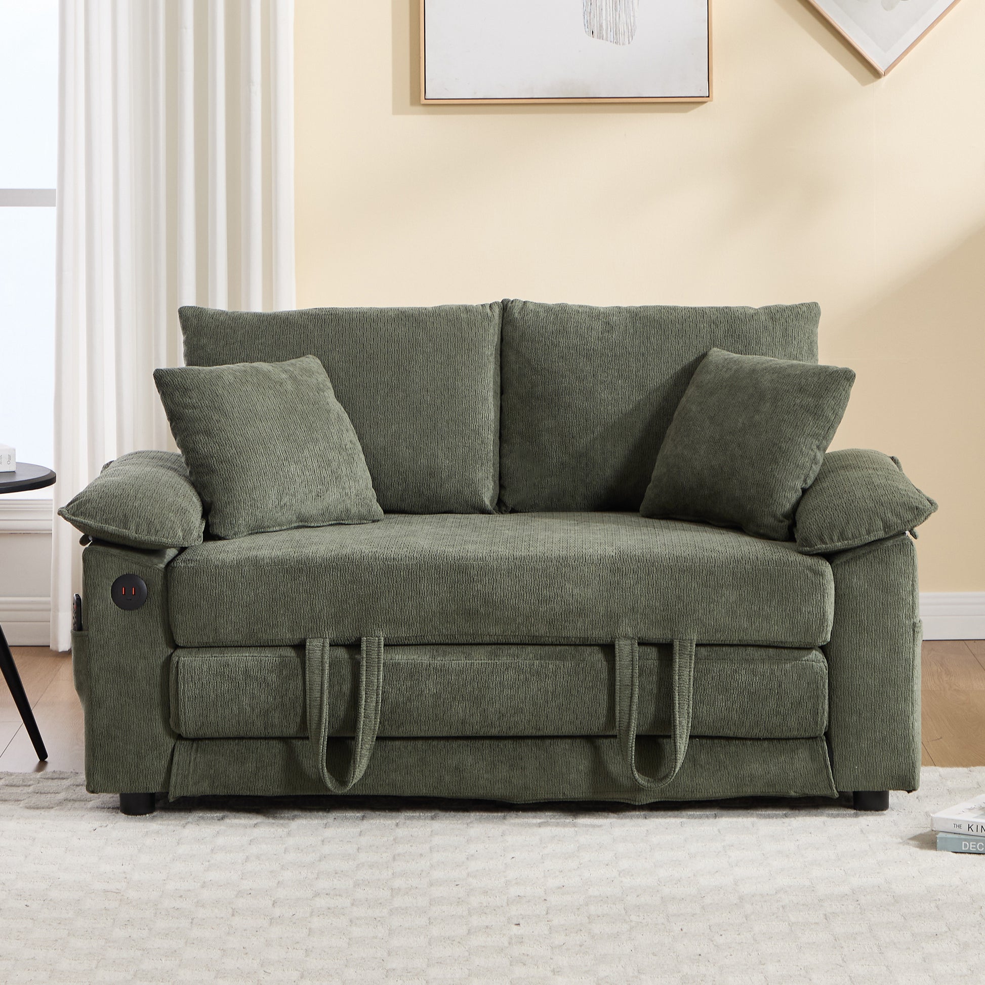58 inch 3-in-1 Upholstered Futon Sofa Convertible Floor Sofa bed,Foldable Tufted Loveseat with Pull Out Sleeper Couch Bed,Folding Mattres Love Seat Daybed W/Side Pockets for Living Room Green image 3
