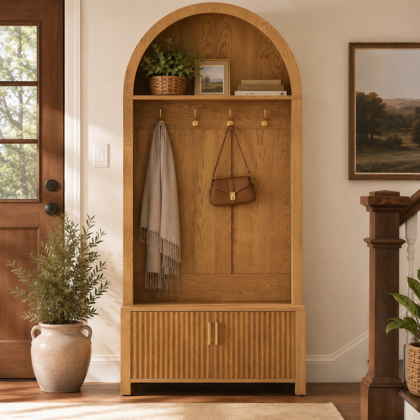 Arched Top Hall Tree with Bench and Shoe Storage,mudroom bench with storage,70.3"Arch Coat Rack with 4 Metal Hooks and 2 Fluted Doors,Farmhouse Style Furniture Organizer for Mudroom, Entryway, Hallway image 1