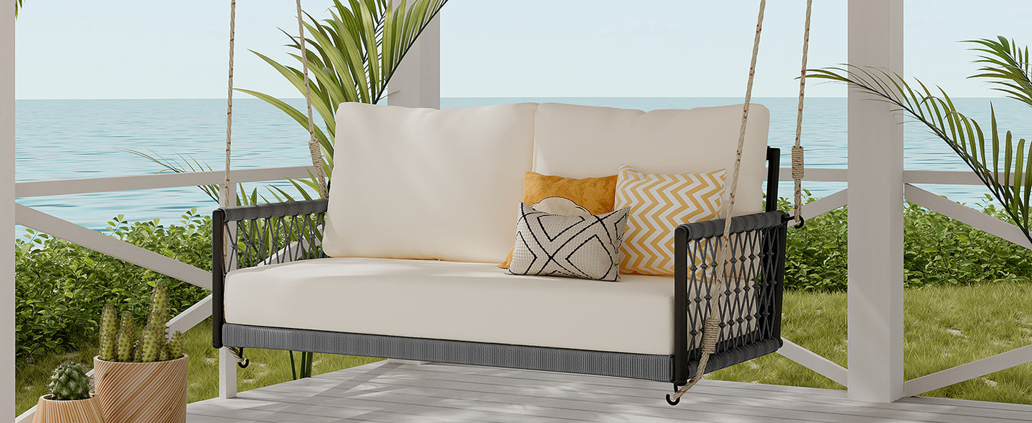 TREXM 1-Piece Woven Rope Outdoor Swing Sofa with Soft Cushions Seating 2 for Patio, Courtyard and Balcony (Beige) image 3