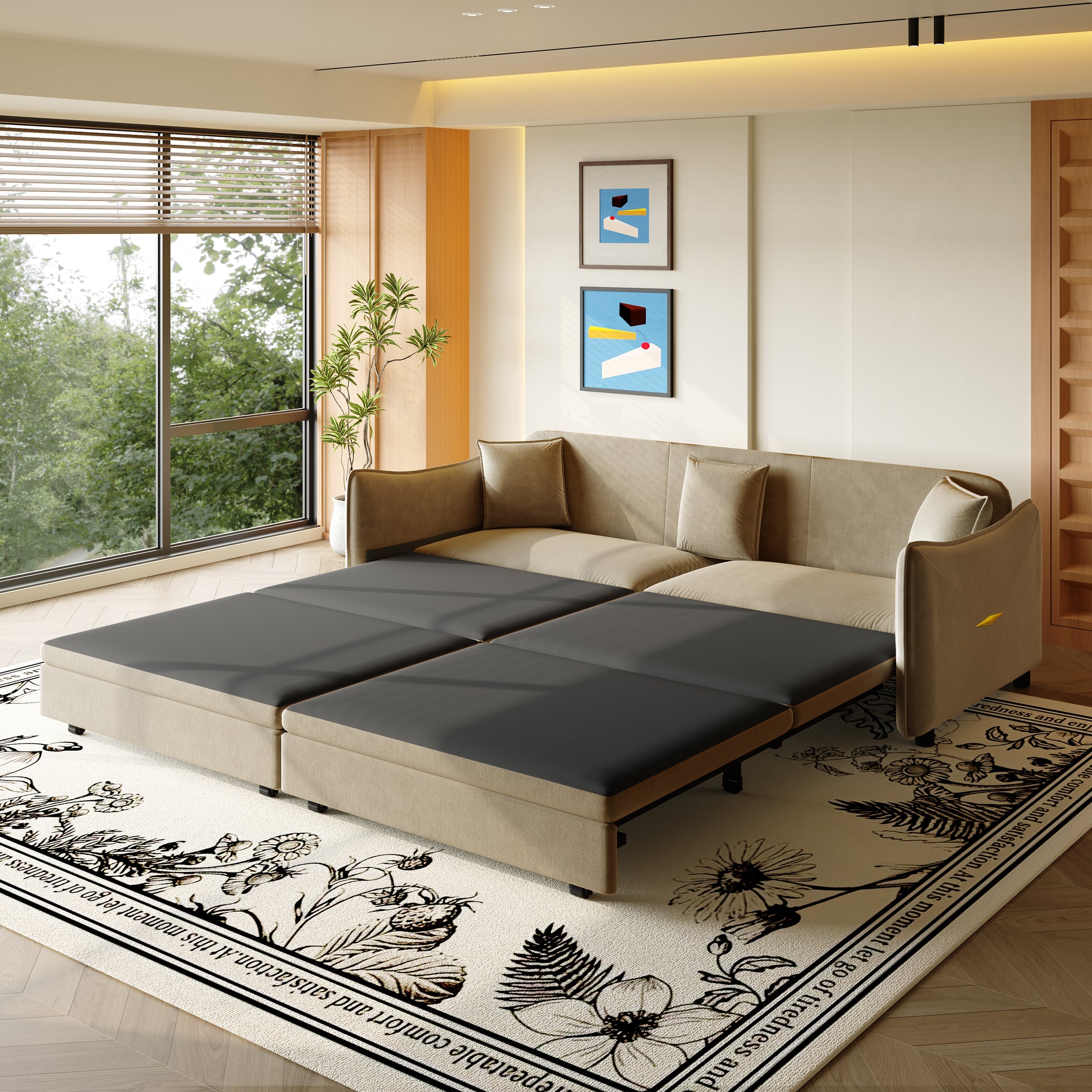 81.9" King Pull Out Sofa Bed,3-in-1 Convertible Sofa Bed with 3 Pillows & Golden Accent Detail Design, Modern Velvet 3-Seater Couch,for Small Space,Living Room,Apartment,Camel image 4