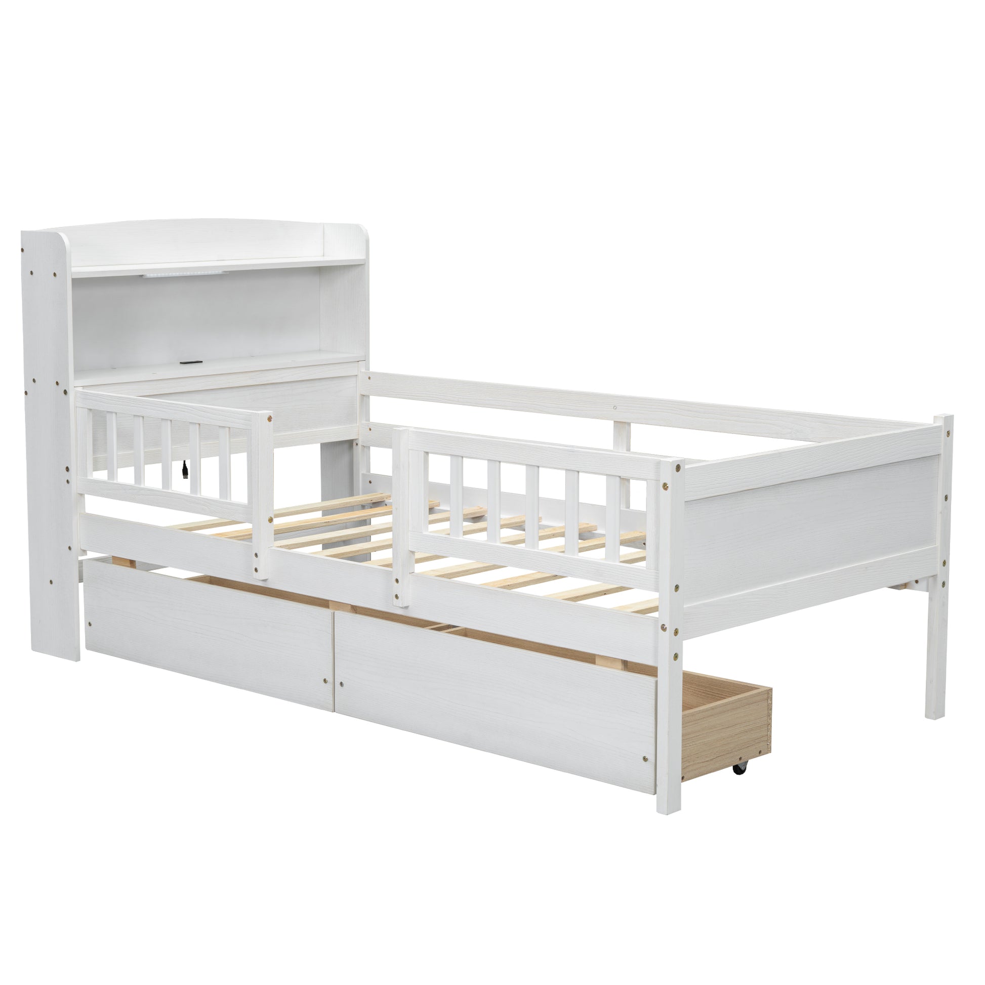 Wood Twin Size Platform Bed with Built-in LED Light, Multi-functional Headboard, Guardrail and 2 Drawers, White image 12