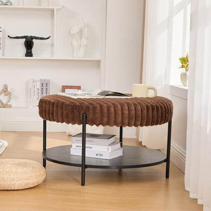 30.9"Wide Upholstered Round Ottoman Coffee Table Foot Rest with Black Metal Legs, Footstool with Wooden Open Storage Shelf,Faux Fur Footstool for Living Room Bedroom Entryway Hotel. Brown image 2