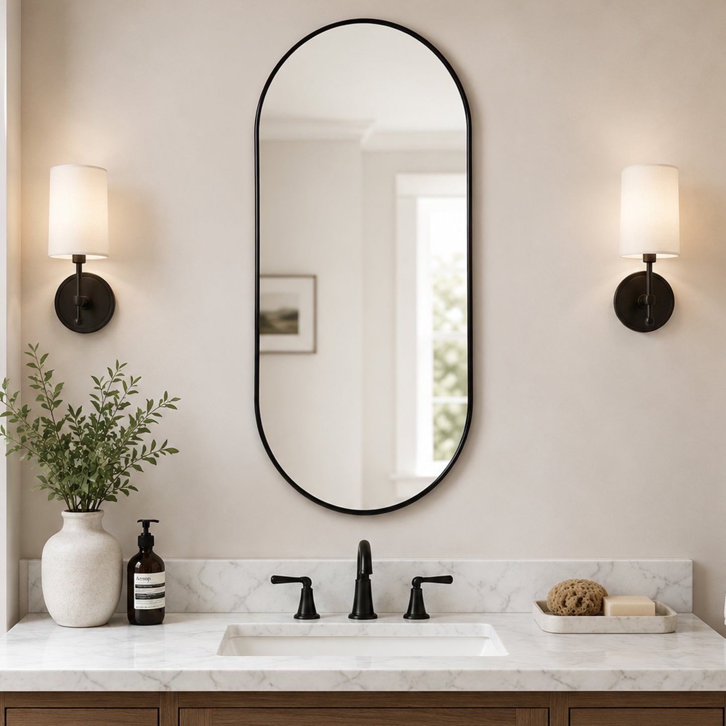 Black PVC frame oval wall mirror 18x40 inch front view