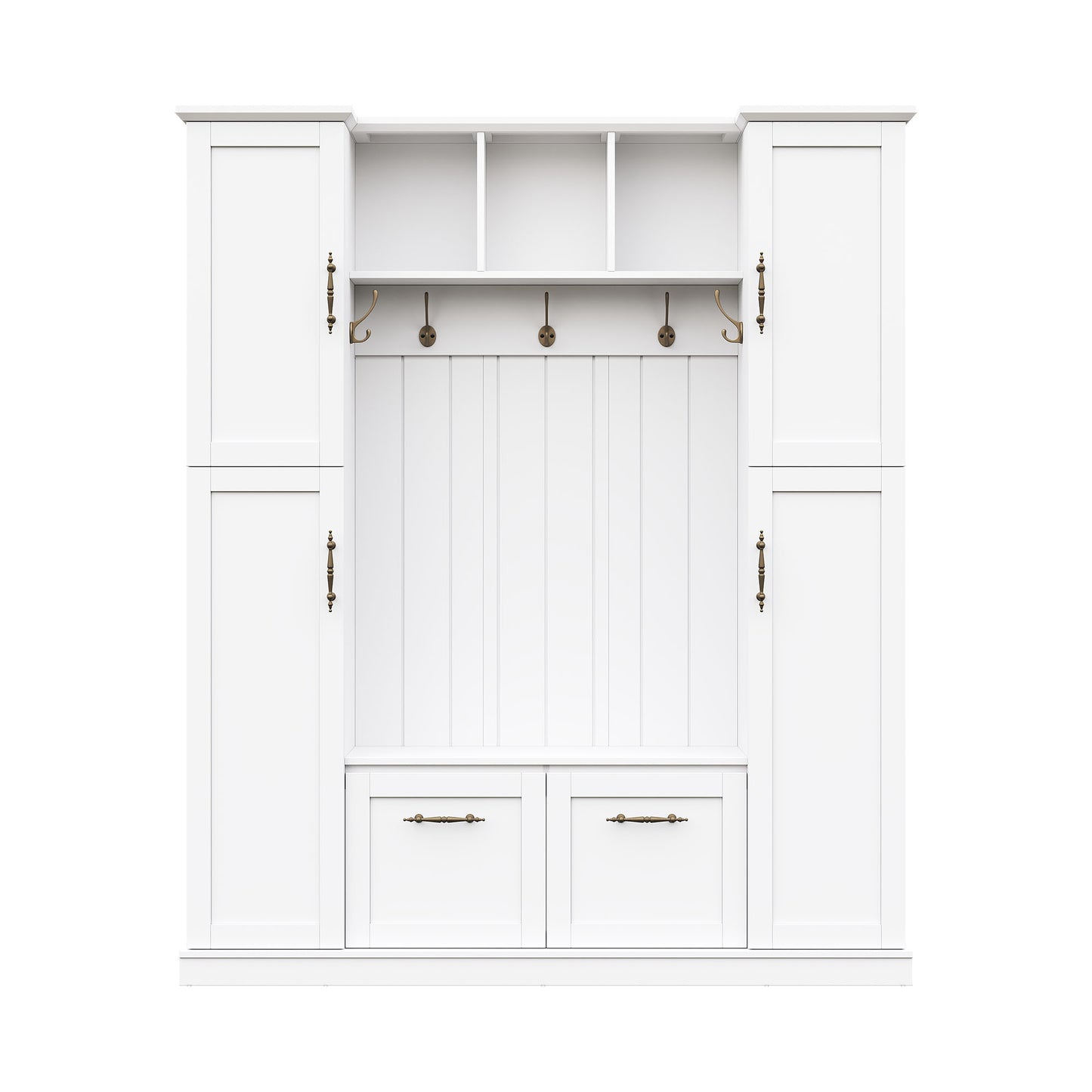 ON-TREND Farmhouse Elegant Hall Tree with 4 Side Cabinets, All-in-One Mudroom Furniture with Adjustable Shelves & Open Cubbies, Beadboard Entryway Bench with Coat Rack & 5 Hooks for Hallway, White image 9
