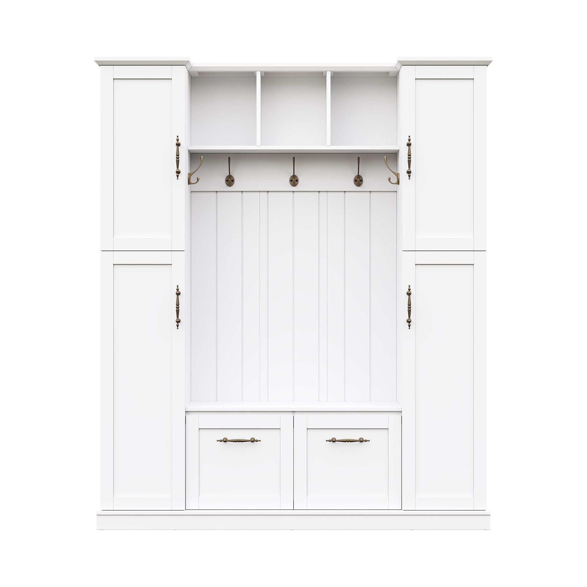 ON-TREND Farmhouse Elegant Hall Tree with 4 Side Cabinets, All-in-One Mudroom Furniture with Adjustable Shelves & Open Cubbies, Beadboard Entryway Bench with Coat Rack & 5 Hooks for Hallway, White image 9