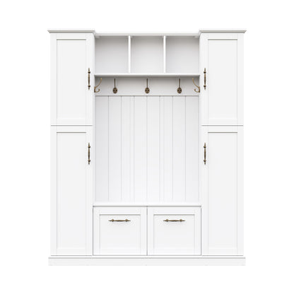ON-TREND Farmhouse Elegant Hall Tree with 4 Side Cabinets, All-in-One Mudroom Furniture with Adjustable Shelves & Open Cubbies, Beadboard Entryway Bench with Coat Rack & 5 Hooks for Hallway, White image 9