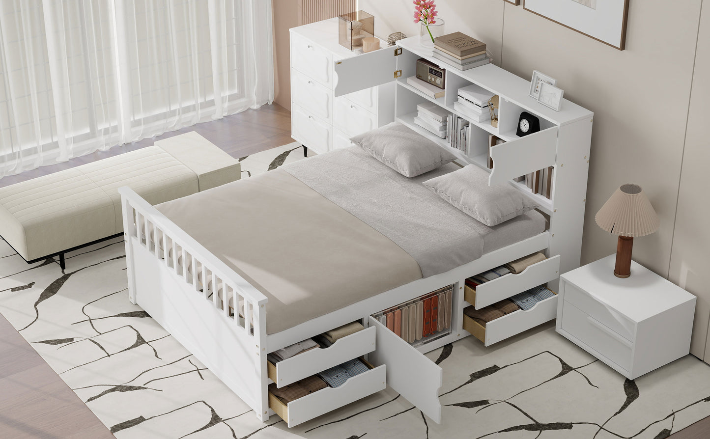 Full Size Captain Platform Bed Frame with Storage Bookcases and Shelves,Four Drawers,White image 7