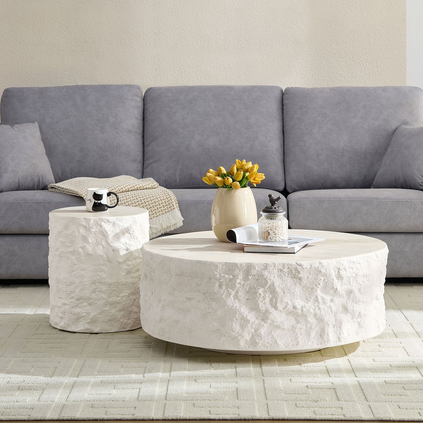 15.75 Inch Side Table,Round Fiberglass Coffee Table for Living Room,Bedroom,Modern Design Imitation Stone End Table for Apartment,No Need Assembly,Beige image 7
