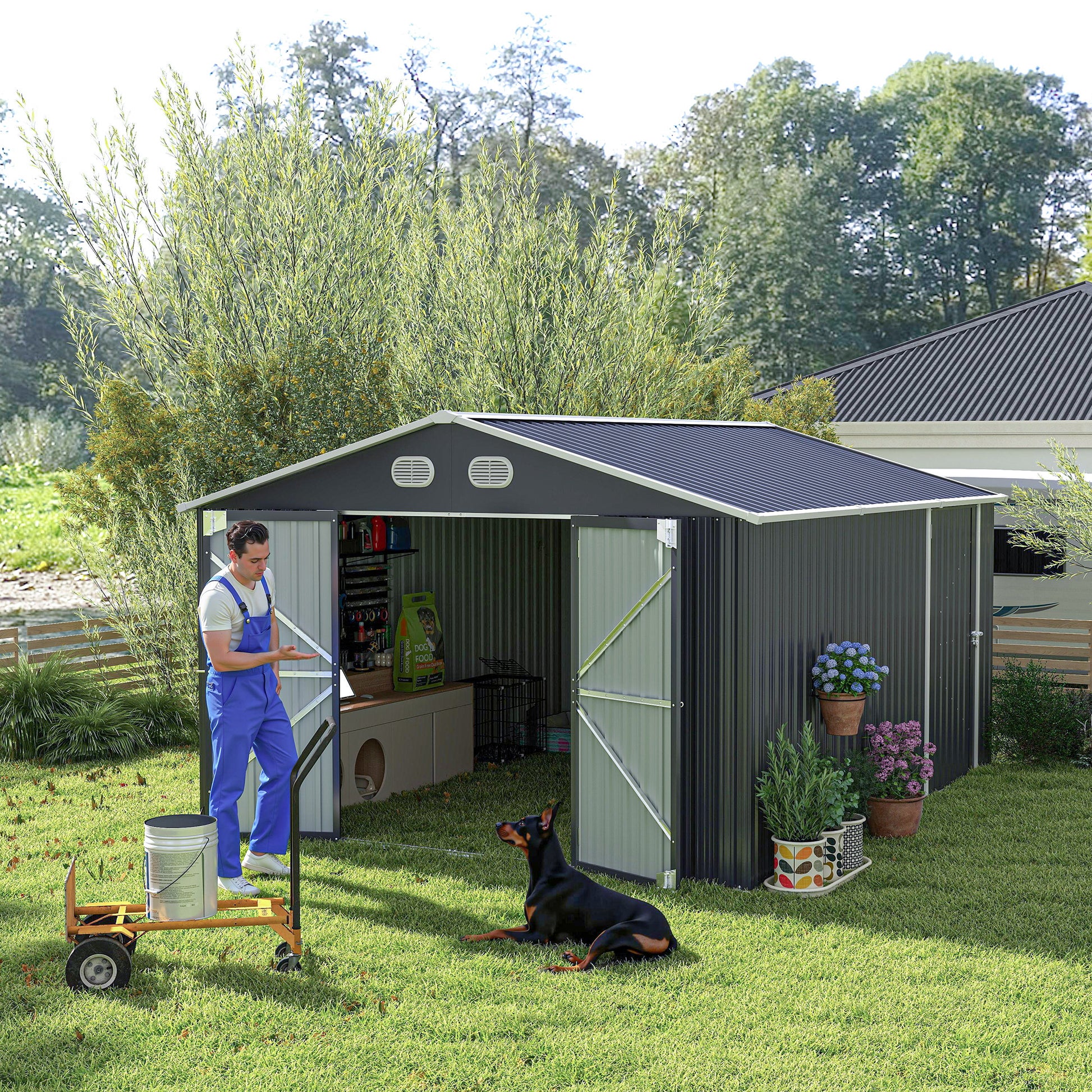 10x12 FT Outdoor Metal Storage Shed, Large Storage Sheds with Sturdy Frame Structure, Metal Garden Tool Shed with Lockable Door for Garden,Gift a foldable flower pot stand, Backyard, Drak gray image 1