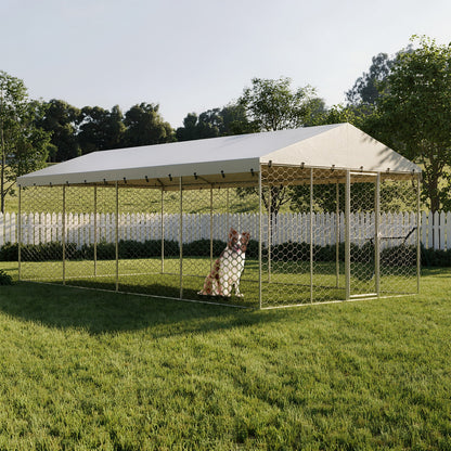10x20 FT Large Outdoor Dog Kennel with Canopy, Heavy Duty Galvanized Steel Frame, Waterproof Cover, All-Weather Protection, Escape-Proof Lockable Pet Playpen for Large Dogs, Multiple Animals. image 1
