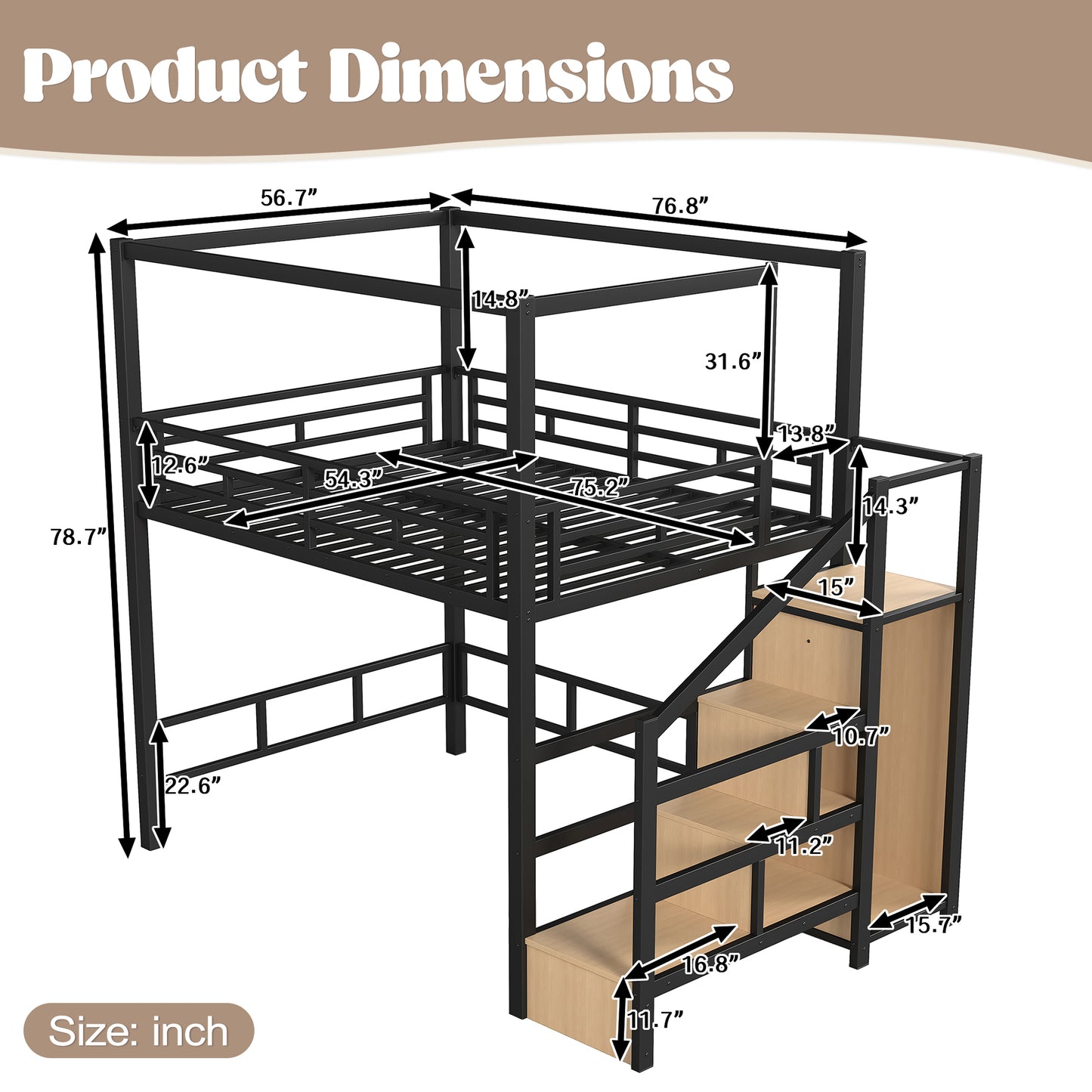 Full Loft Bed with Storage Stairs and Wardrobe, Metal Loft Bed with Canopy Frame, Ample Underbed Spaces Design, Black image 7