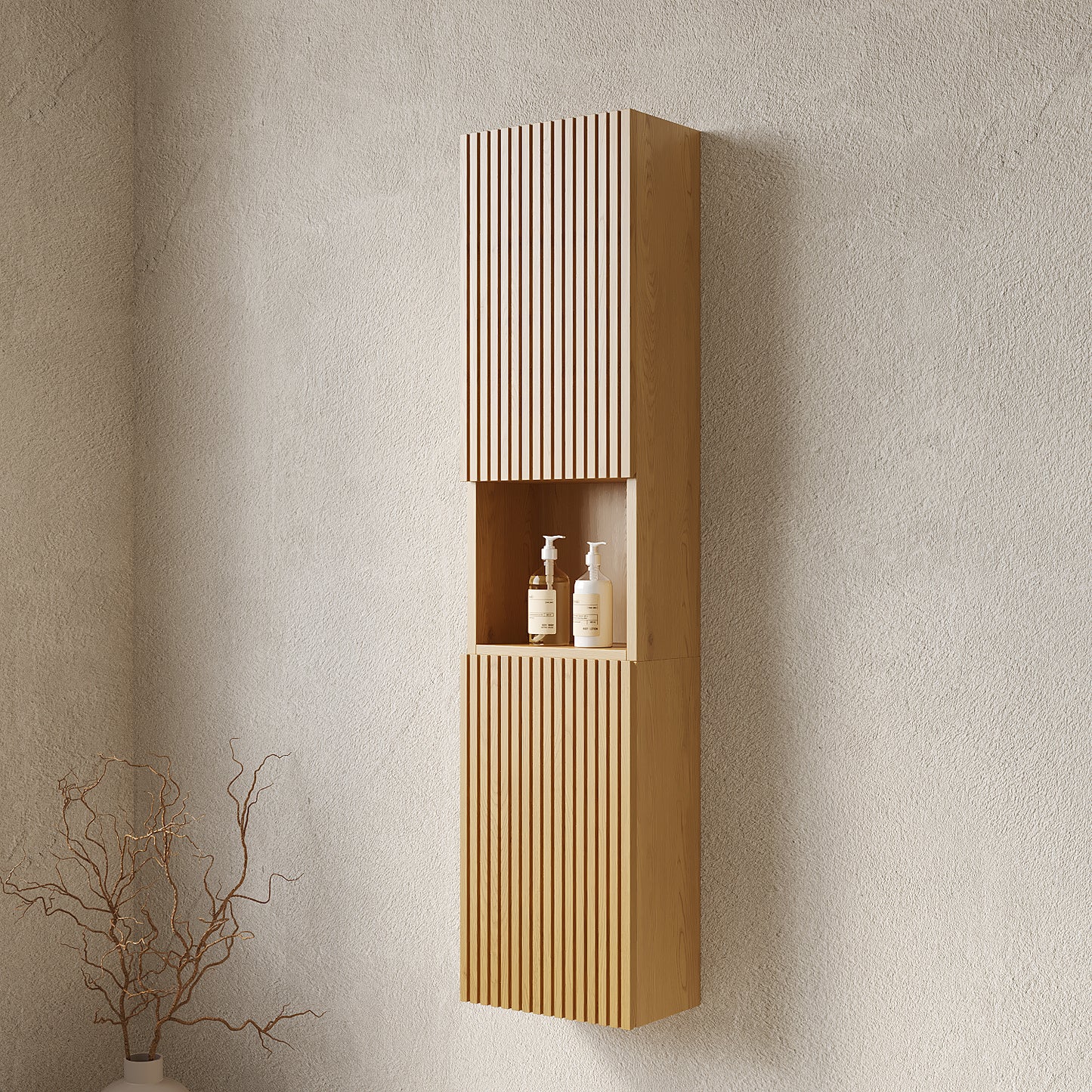 MITCH 59" Tall Bathroom Wall Mounted Cabinet - Door Open Showing Interior Shelf