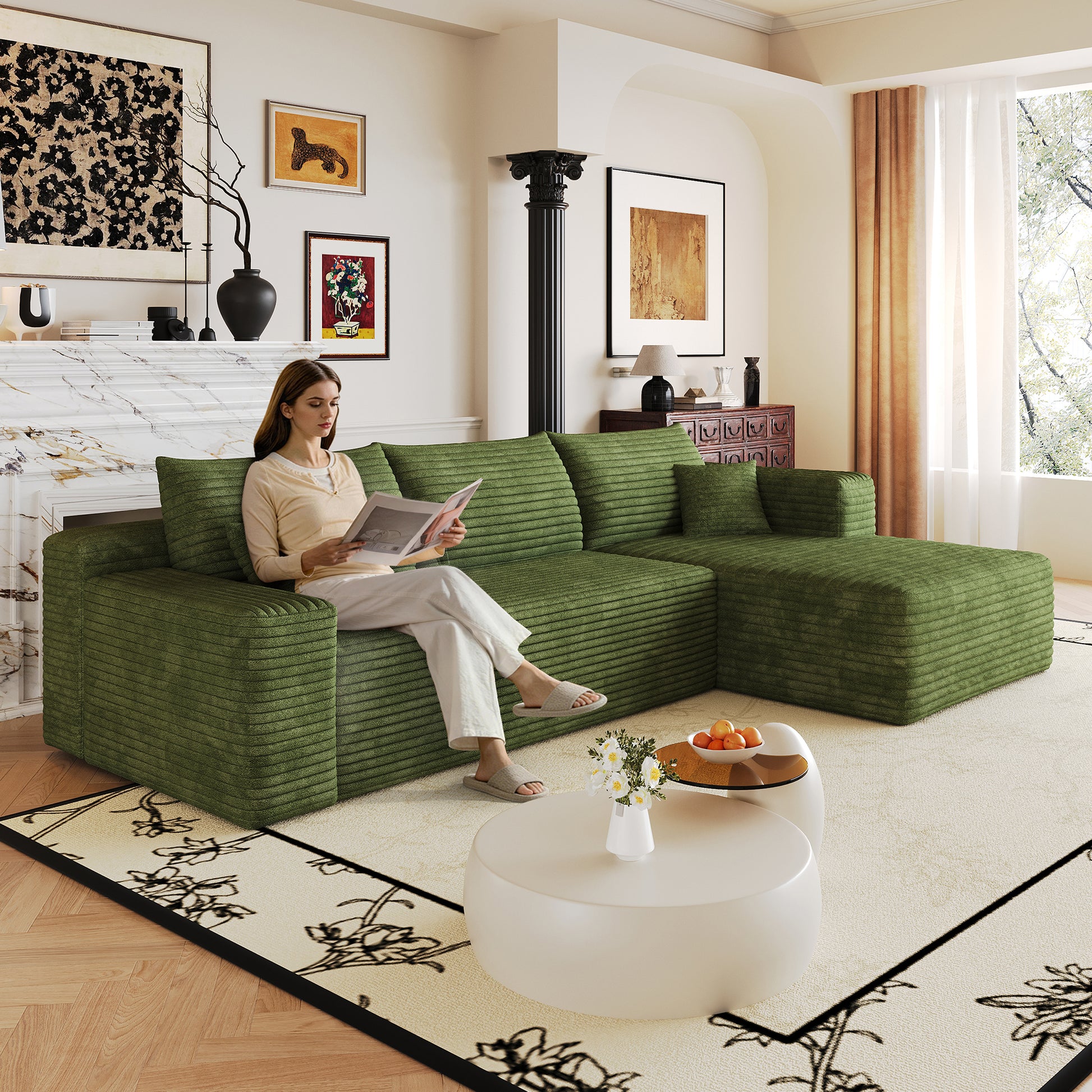 103" Cloud Sectional Sofa,Modern Minimalist Upholstered Couches, Comfort L Shaped Sofa for Living Room,Deep Seat Corner Couch,No Assembly Required,Green(Plush Corduroy Fabric) image 2