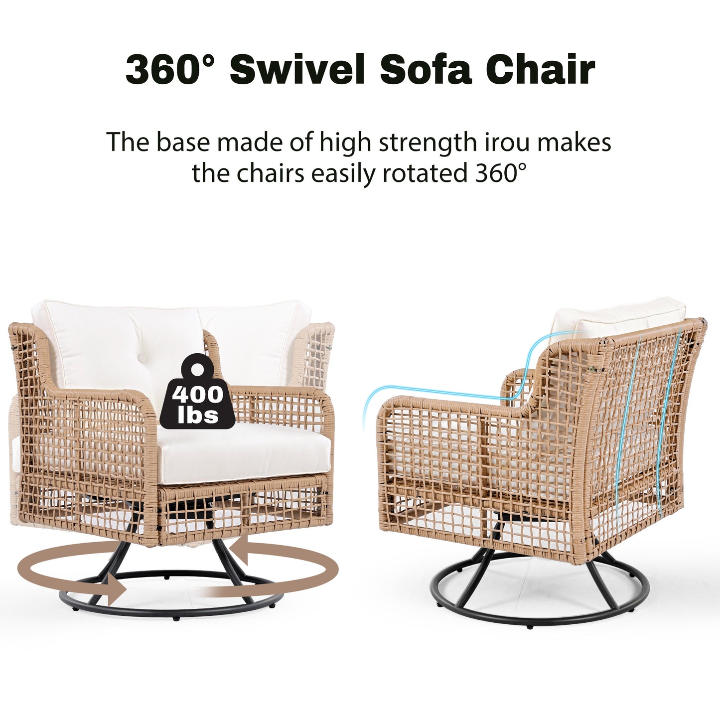<Old SKU: N704G201247A> 4 Pieces Patio Furniture Set with Swivel Chairs, Outdoor Wicker Sofas for 5-person, Sectional Rattan Outdoor Conversation Set for Poolside Backyard Deck, Beige image 3