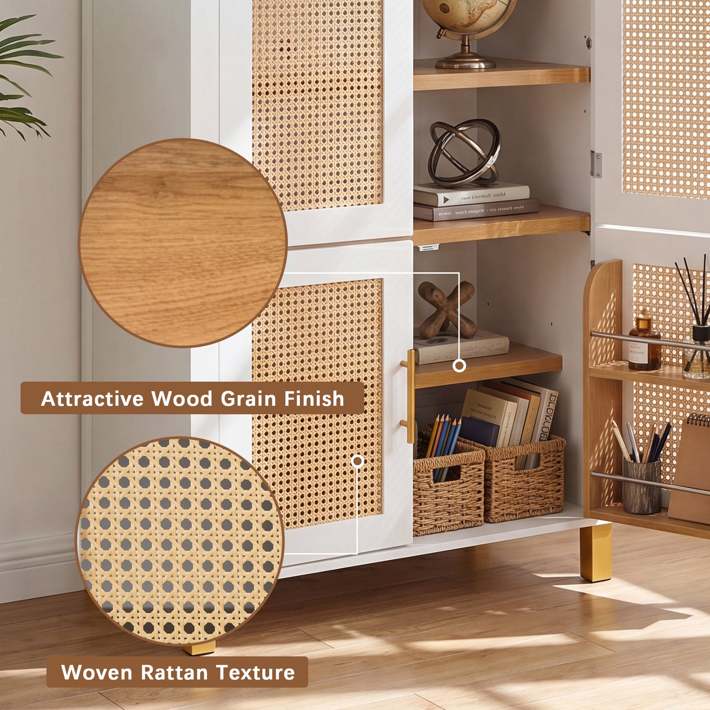 71" Tall Arched Cabinet with Rattan Doors & Adjustable Shelves,4 Doors Modern Farmhouse Storage Cabinet with Built-in Racks for Kitchen, Dining Room, Study, White image 8