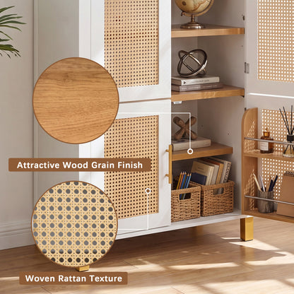 71" Tall Arched Cabinet with Rattan Doors & Adjustable Shelves,4 Doors Modern Farmhouse Storage Cabinet with Built-in Racks for Kitchen, Dining Room, Study, White image 8