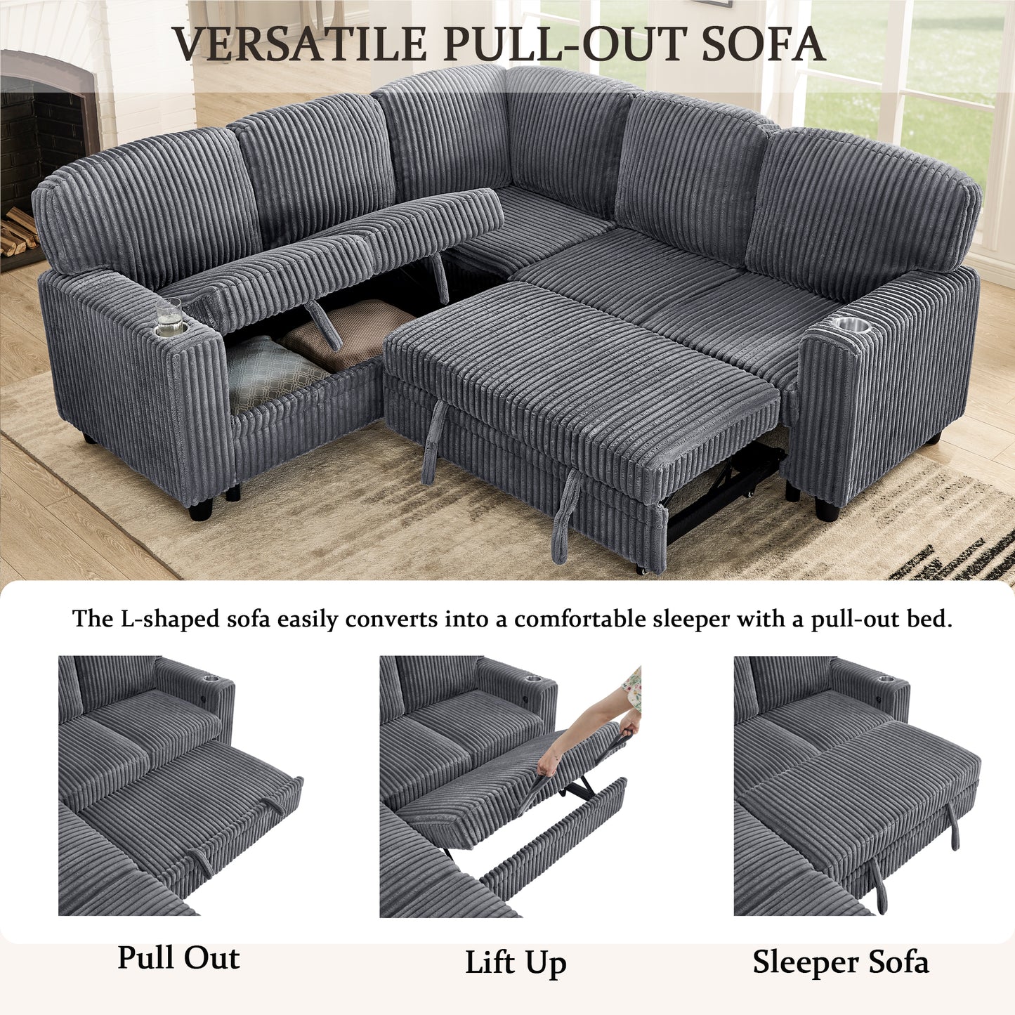 L-Shaped Sectional Sofa Bed with Pull-Out Bed & Storage, 5-Seat Sleeper Couch with USB Charging, Convertible Design for Living Room, Apartment, Corduroy Fabric, Grey image 3