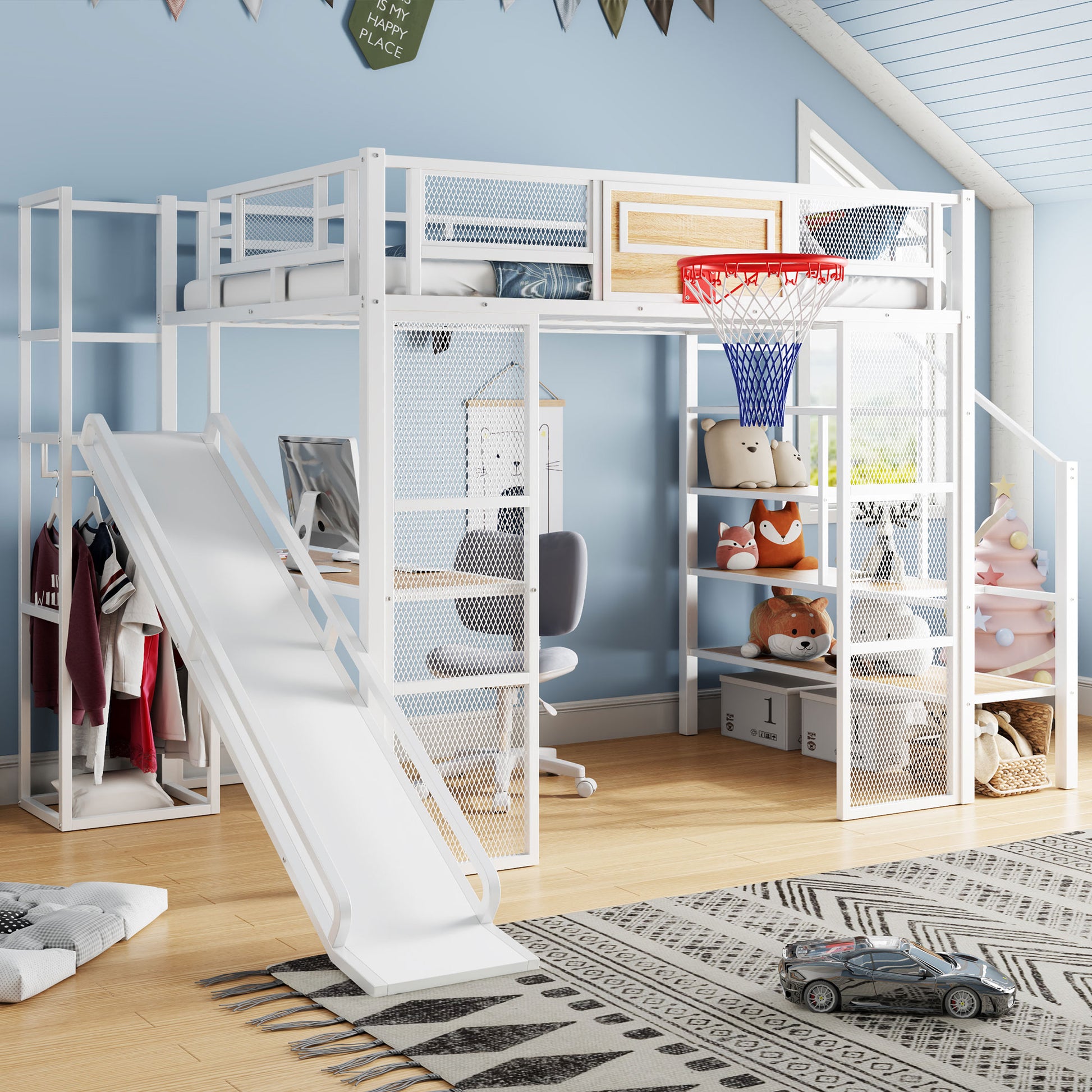 Full Size Metal Loft bed with Built-in Desk, Open Wardrobe, Basketball hoop, Slide and Staircase, White image 1