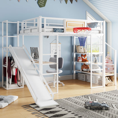 Full Size Metal Loft bed with Built-in Desk, Open Wardrobe, Basketball hoop, Slide and Staircase, White image 1