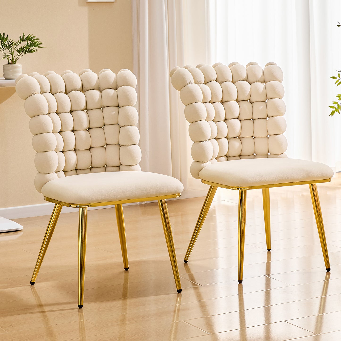 Set of 2 Luxury Cream Bubble Tufted Swivel Chair, Premium Velvet Upholstered Accent Chair with Gold Metal Frame, Ergonomic Space-Saving Desk Chair for Modern Interiors image 1