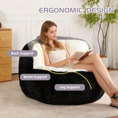 Oversized Bean Bag Chairs,Multicolor Faux Fur Couch Filled with Shredded Sponge,Large Lounger Sofa For Living Room,No Assembly Required, Black+White+Grey image 6