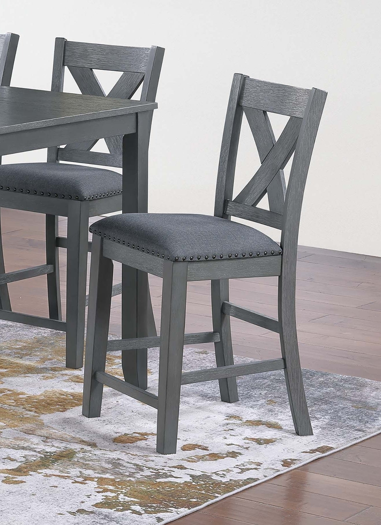 Modern Style Gray Dining Table 6x Chairs 7pcs Counter Height Set Cushion Seat Nailhead X-Cross Back Chairs Dining Room Furniture image 4