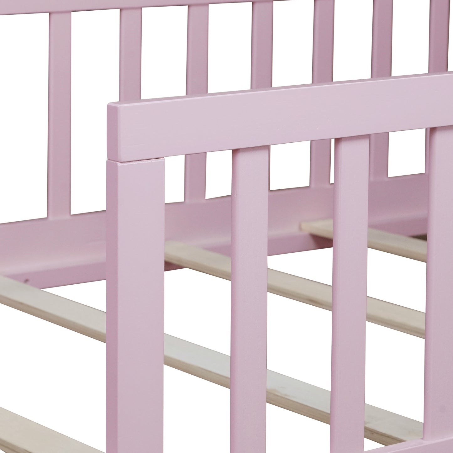 Twin Size Floor Bed with Fence without Door, Rubber Wood Floor Bed with Safety Guardrails,Pink (Old Sku W504P296798) image 8