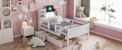 Wood Twin Size Platform Bed with Built-in LED Light, Multi-functional Headboard, Guardrail and 2 Drawers, White image 8