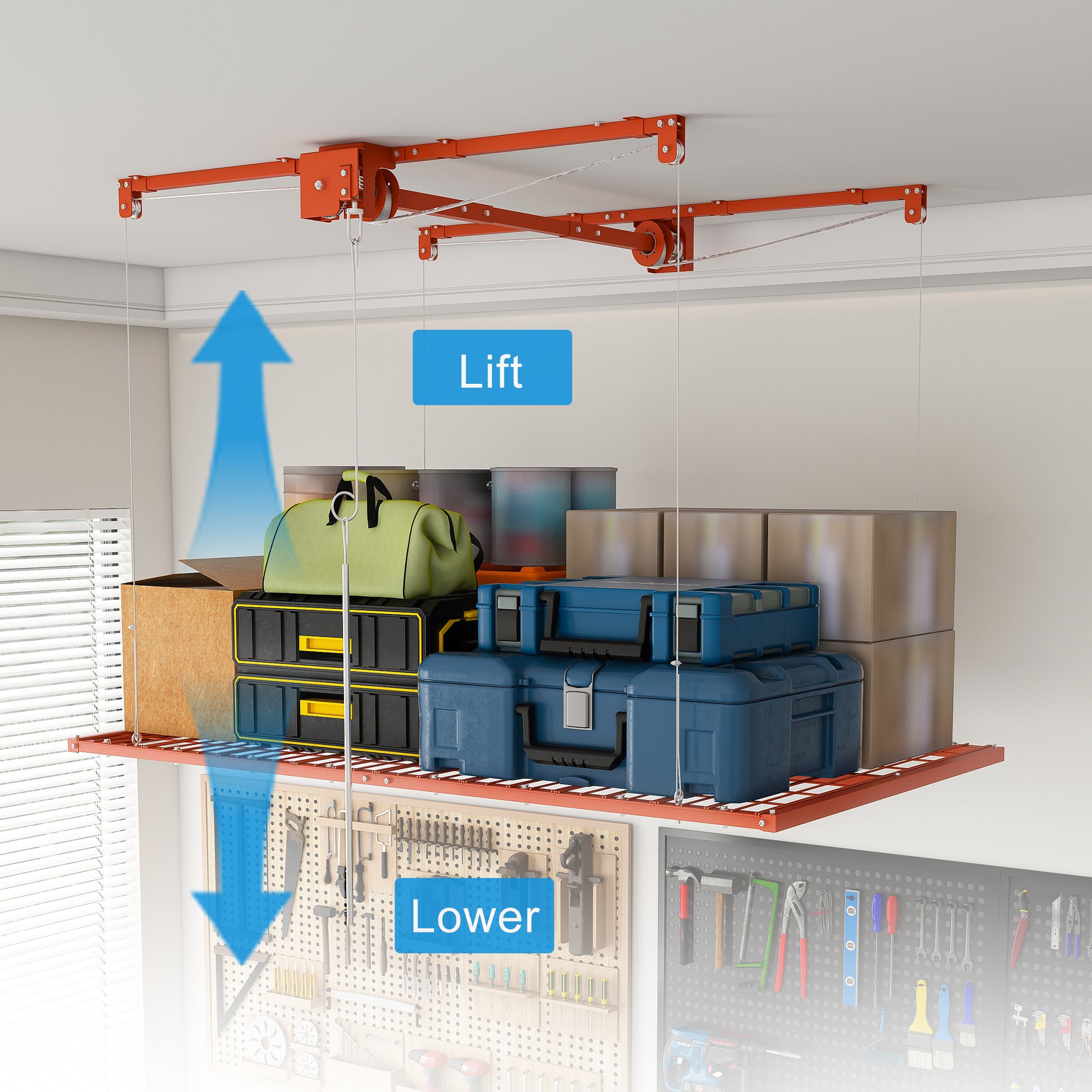 Orange Overhead Garage Storage Rack 4x8 FT for High Ceilings 10-12 FT, 350LBS Capacity All-Steel Construction with Safety Lock (Installation Required, Heavy-Duty Garage Organizer) image 3