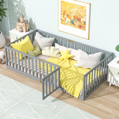 Twin Size Floor Bed with High Fence Railings, with Door, Rubber Wood Floor Bed with Safety Guardrails,Grey image 1