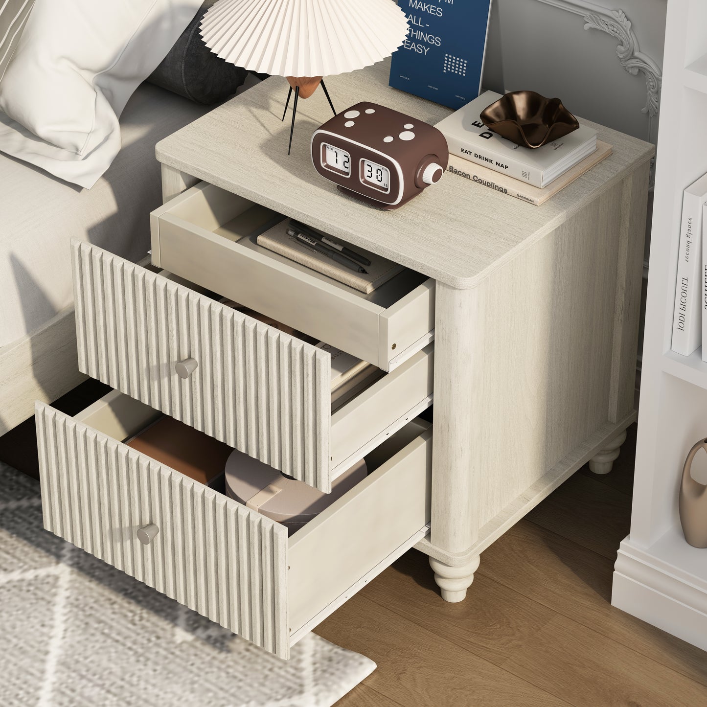 Fluted Nightstand, 21.65" Wide Side Table with 3 Drawers, Mid Century Modern Wood NightStand with Metal Handle, Wooden Bedside End Table for Bedroom, Living Room, Closet, Beige image 3