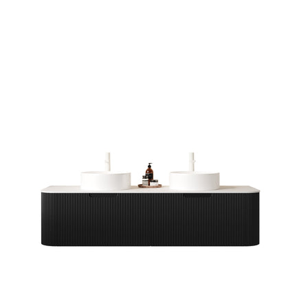 DINA 60" Bathroom Vanity&Sinks, Floating Curved Edges Striped Bathroom Storage Cabinet with 2 Drawers, 2 White Round Ceramic Basins&Carrara White Sintered Stone Countertop, Pre-assembled, Black Color image 3