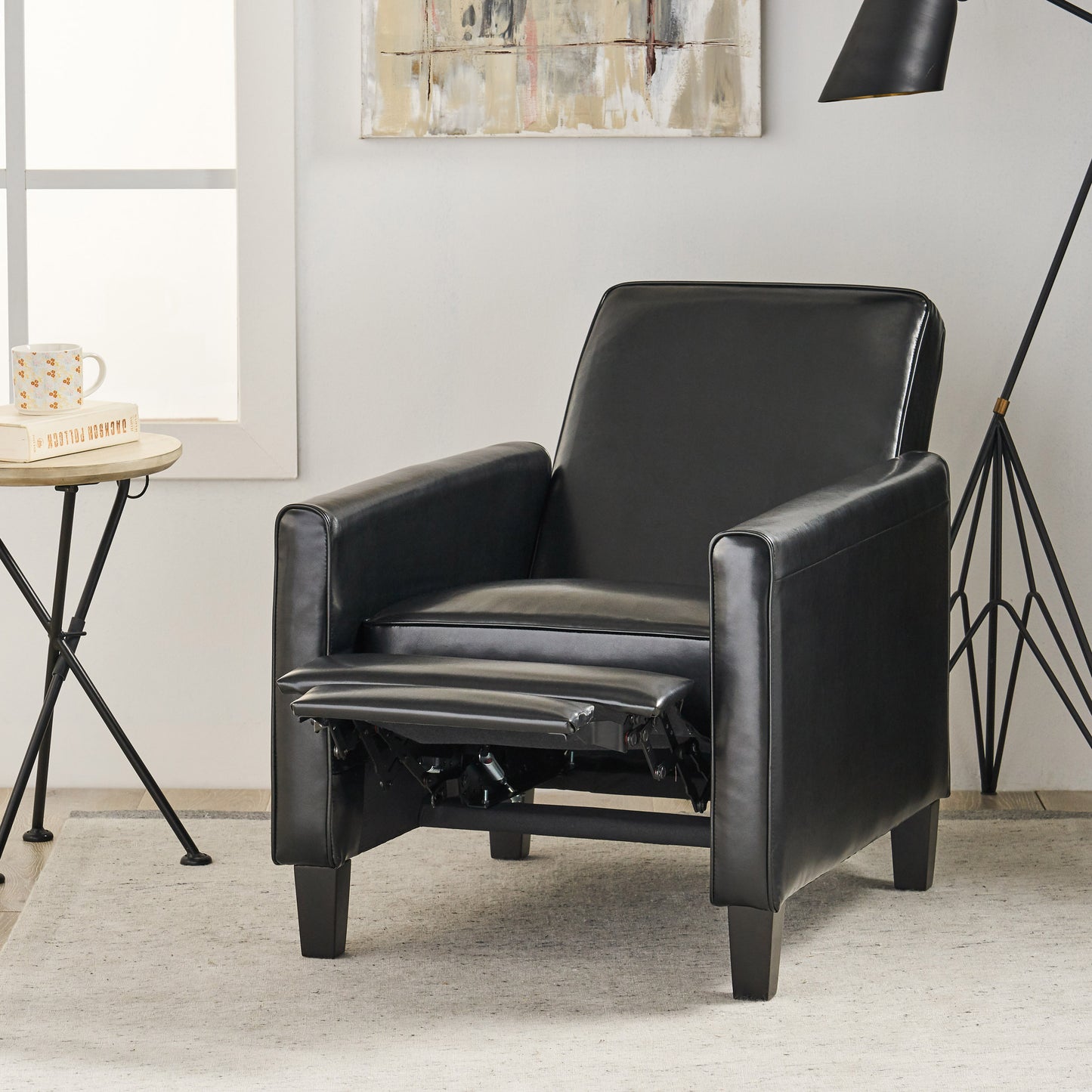 27.5" Push Back Recliner Chair Upholstered Recliner Armchair with Solid Beech Wood Legs for Living Room and Bedroom(Old SKU:52422.00PUBLK), Black image 5