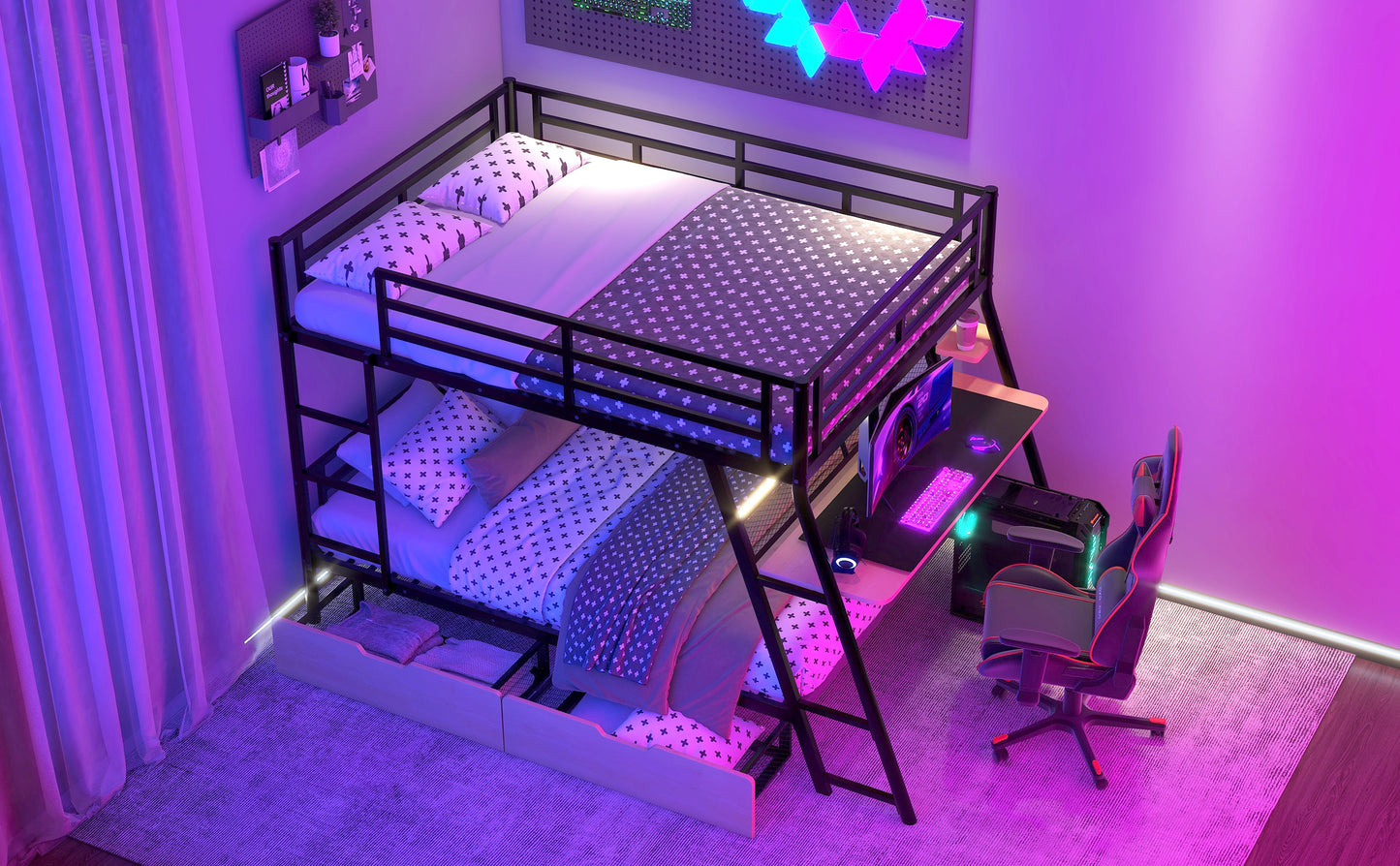 Full Size Metal Bunk Bed with Built-in Desk, Light and 2 Drawers, Black image 5