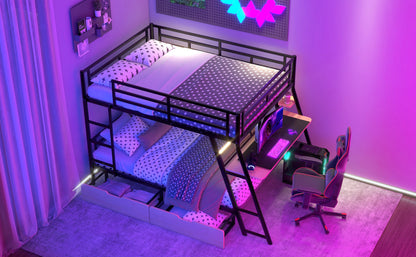 Full Size Metal Bunk Bed with Built-in Desk, Light and 2 Drawers, Black image 5