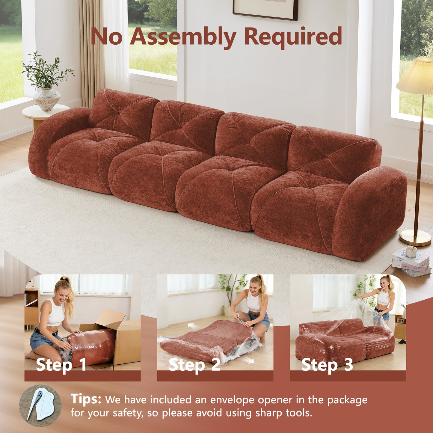 140''Soft Velvet Fabric,Boneless Sofa With Tufted,32D High Density Sponge,Ergonomic Design Bottom,No Assembly Required,Bottom Anti-Slip Design,For Living Rooms,Home Theater,Red Brown image 4