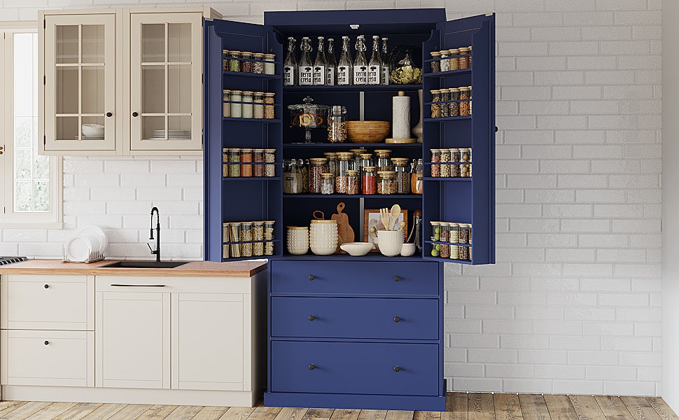 [Assembly Video Provided]TOPMAX 77inch Farmhouse Kitchen Pantry, Freestanding Tall Cupboard Storage Cabinet with 3 Adjustable Shelves, 8 Door Shelves, 3 Drawers for Kitchen, Dining Room, Blue image 3
