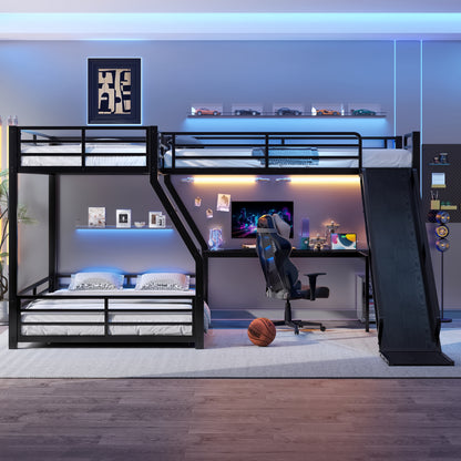 L-Shaped Twin over Full Bunk Bed with Twin Size Loft Bed, Metal Triple Bunk Bed with Slide and USB Ports, Space-saving and Noise-free Design, Black image 3