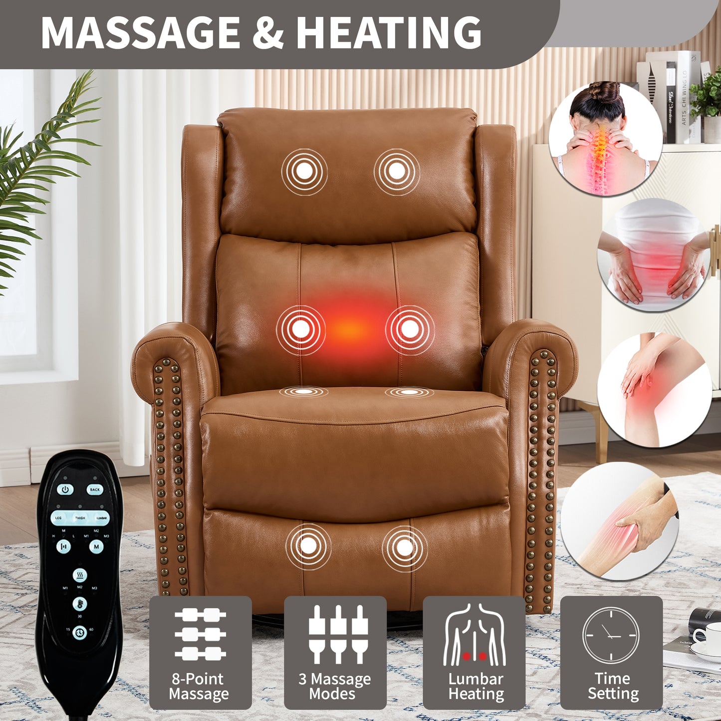 Heat Massage Manual Recliner Chair with Rocker and Swivel in Genuine leather for Living Room, Yellow image 7