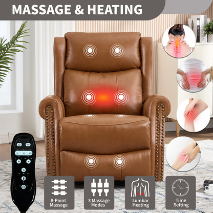 Heat Massage Manual Recliner Chair with Rocker and Swivel in Genuine leather for Living Room, Yellow image 7