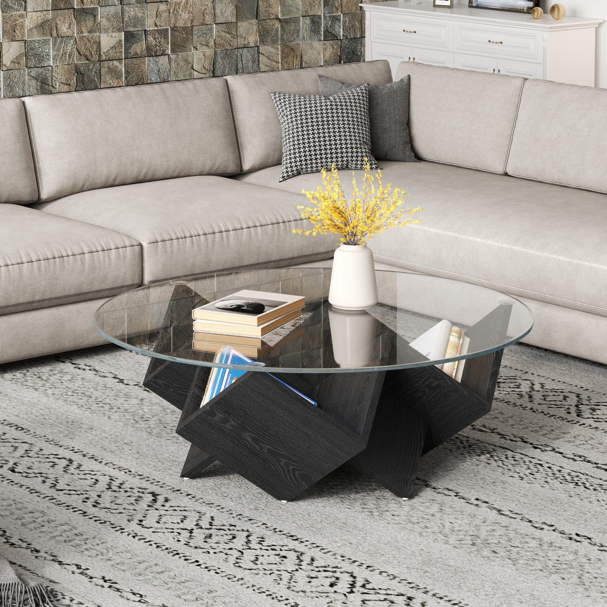 The Round Coffee Table with Glass Top and Geometric Abstract Art Deco Base Storage Shelves, Black, 35.4" image 2