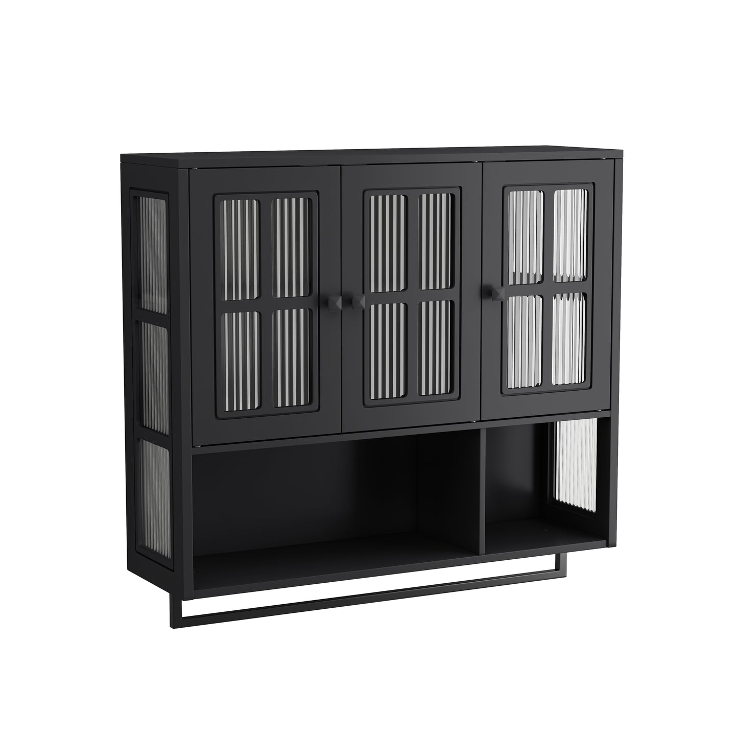 Bathroom Wall Cabinet, 3-Door Wooden Wall Cabinet with Open and Hidden Storage Space, Medicine Cabinet with Glass Door and Towel Bar for Entryway Living Room Bathroom Dining Room,Black image 7