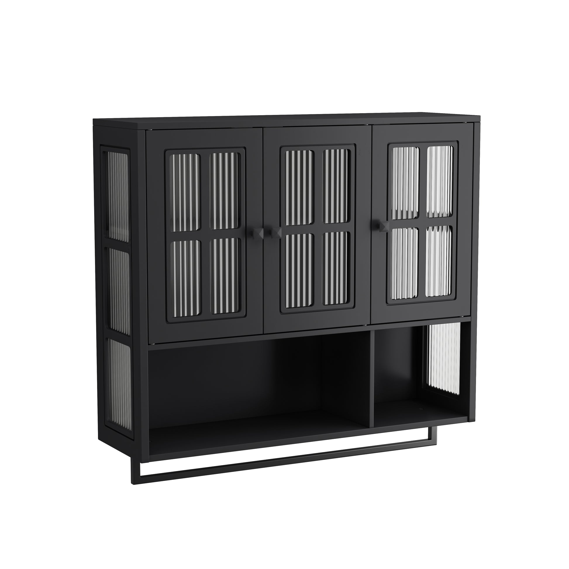 Bathroom Wall Cabinet, 3-Door Wooden Wall Cabinet with Open and Hidden Storage Space, Medicine Cabinet with Glass Door and Towel Bar for Entryway Living Room Bathroom Dining Room,Black image 7