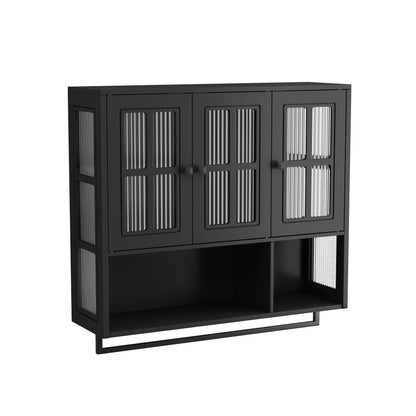 Bathroom Wall Cabinet, 3-Door Wooden Wall Cabinet with Open and Hidden Storage Space, Medicine Cabinet with Glass Door and Towel Bar for Entryway Living Room Bathroom Dining Room,Black image 7
