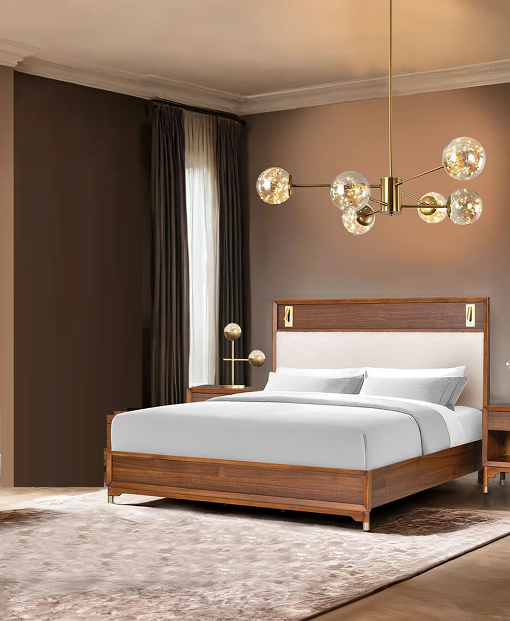 Mid-Century Modern Beautiful 1pc Queen Size Bed Walnut Solid wood Upholstered HB w Reading Light Bedroom Furniture image 3
